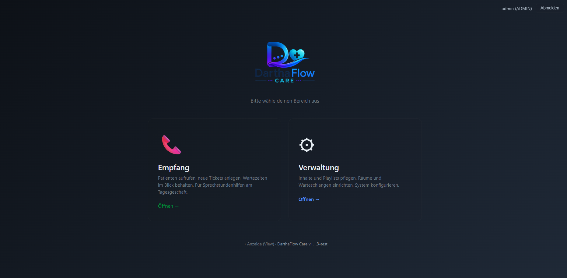 DarthaFlow Care Bereichsauswahl